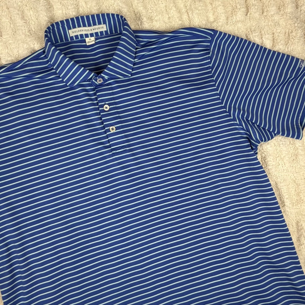Holderness & Bourne Mens XL Tailored Fit Striped Golf Polo Shirt Blue White